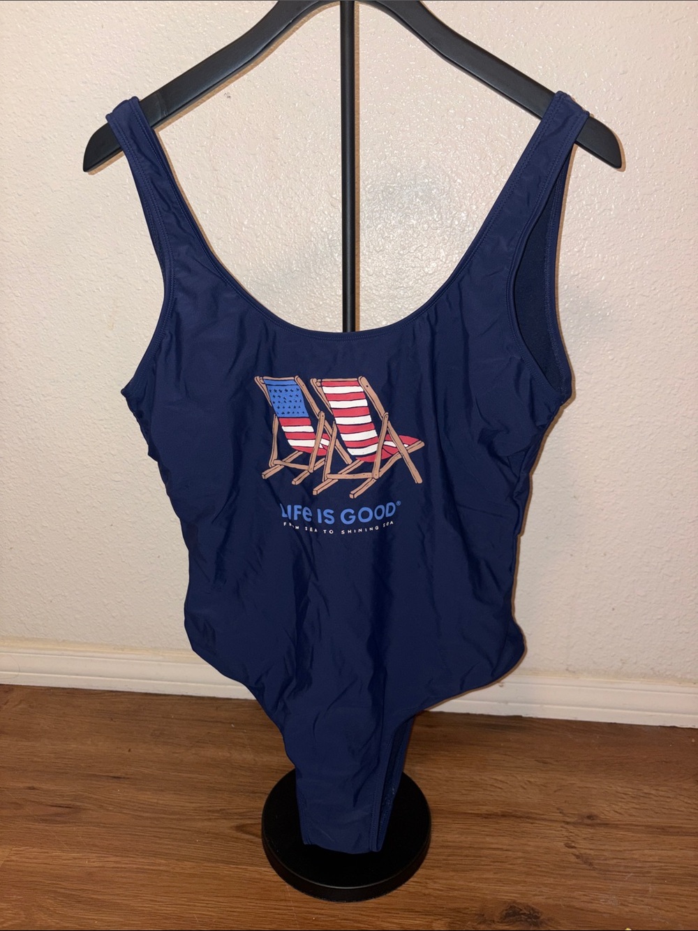Life Is Good Navy Scoop-Back One-Piece with Patriotic Chairs